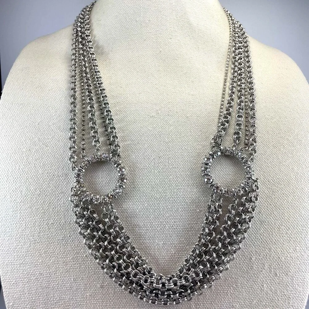 White House Black Market Silver Tone Multi Layer Chain Rhinestone Necklace